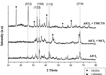 Fig. 11. XRD patterns of calcined particles with SiCl 4  or TMCTS additives.