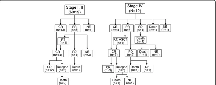 Figure 1 Management flow chart according to the modified stage; CR, complete remission; PR, partial remission; PD, progressive disease; NE, not evaluable; RT, radiotherapy; ASCT, autologous stem cell transplantation.