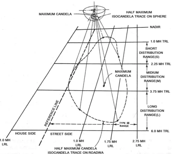 Fig.  1  Type  III  -  Medium  distribution  on  the  imaginary  sphere  and  the  roadway  (ANSI/IES  RP-8-14)