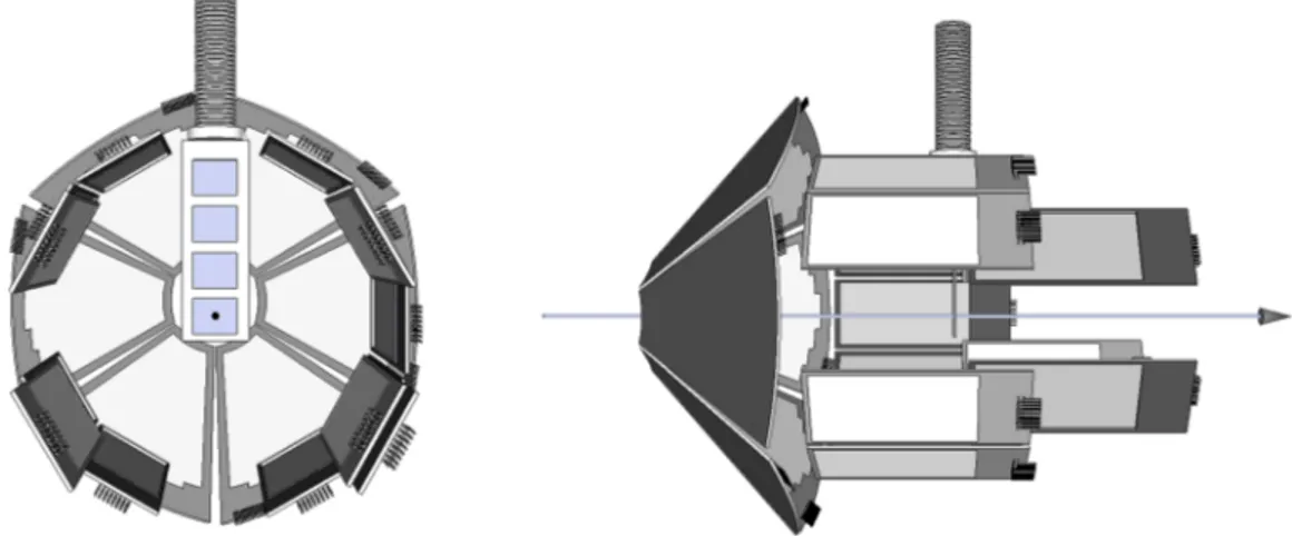 FIG. 1. (Color online) Front and side views of the silicon detector setup used for light ion detection in the 10 Be + d measurements (not to