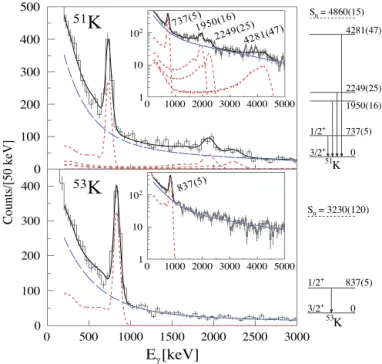 Fig. 1. Doppler-corrected γ -ray spectra of  51 K (upper panel) and  53 K (lower panel)