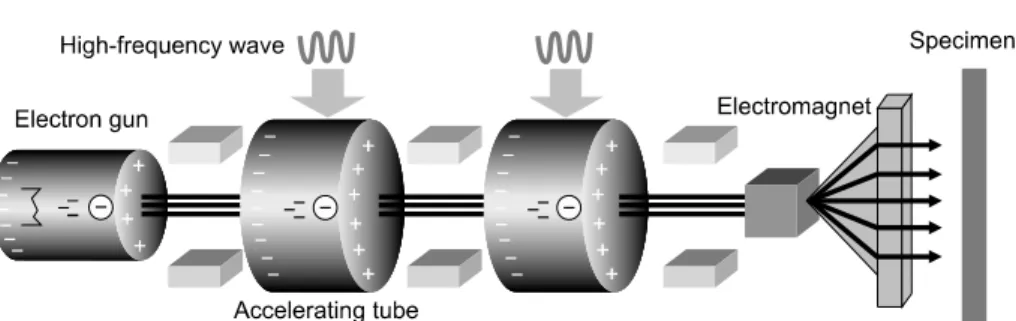 Fig. 10. Schematic drawing of basic electron beam accelerator (under  the permission from Quantum  Optics Laboratory in Korea Atomic  Research Institute).게  TCP  입자들이  혼합되어  고정되어  있는  모습이  관찰되었고, 이러한  모습은  전반적으로  전자빔  조사가  이루어지지  않은  시편 및  앞서  설명된  1  MeV의