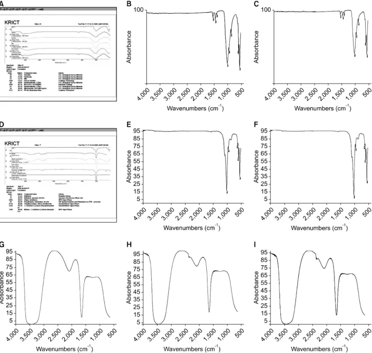 Fig. 6. (A) FT-IR spectrums of HA, (B) after 1 MeV ∼ 1 KGy, (C) after 2 MeV ∼ 60 KGy electron beam irradiation using KBr Pelletizing.