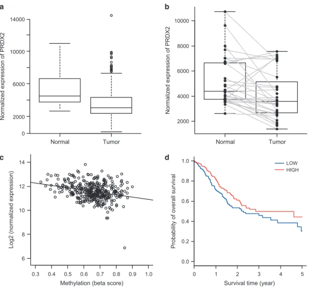 Figure 7 Gene expression, methylation and survival analyses for the PRDX2 gene using the TCGA data