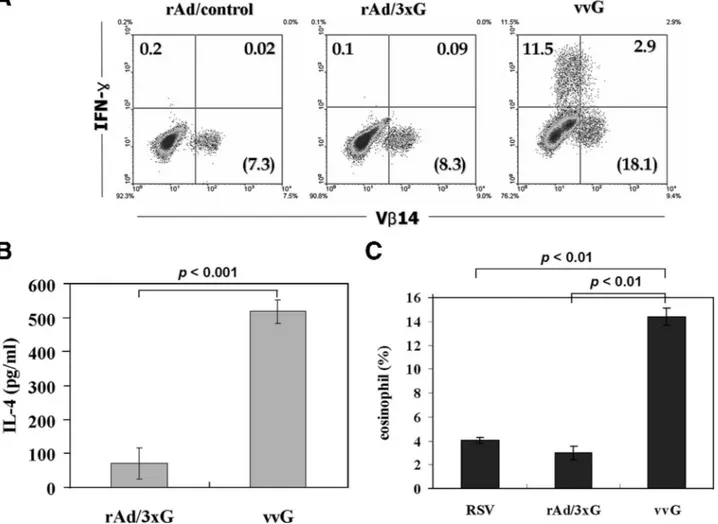 FIG. 4. G-specific CD4 T-cell response and lung eosinophilia in rAd/3xG-immune mice. (A) Mice were immunized with rAd i.n