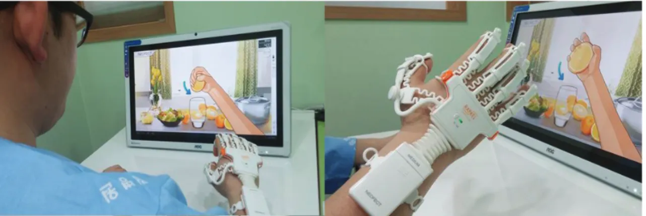 Fig. 2. Virtual reality-based task training using a smart glove.