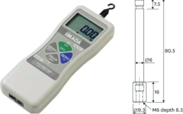 Fig. 1. Model DS2-500N (Imada, Japan) (left) and  A-6 extension shaft (right), (unit=mm)
