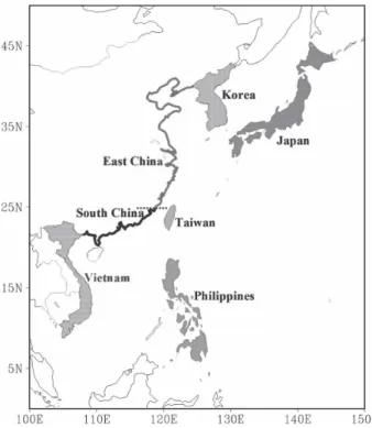 Table 2 gives the statistics for the number of days and TC landfalls for the four active MJO categories, and the category NONE (weak MJO activity period), with  re-spect to each subarea