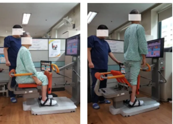 Fig. 2. Static sitting and standing test.  하였으며 검사 종료 시 ‘그만’ 이라는 구두로 지시하였 다(Fig. 2). 검사-재검사자간 신뢰도(ICC2.1)를 구하기  위하여 임상 경력 10년 이상인 물리치료사에 의해 첫  평가 후 7일 간격으로 재평가하여 일치율을 비교하였 다(Chen et al., 2007)