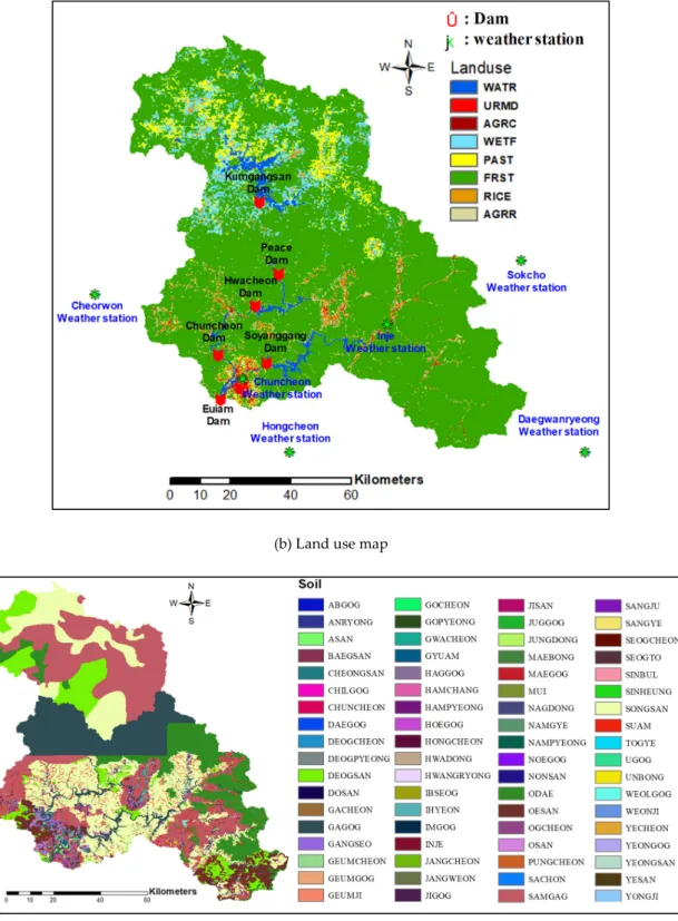 Figure 6. Input data of Soil and Water Assessment Tool (SWAT) for the Euiam Dam watershed ((a)  DEM, (b) Land Use Map, (c) Soil Map)