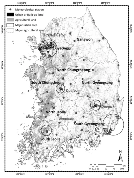 Figure 1. Spatial distribution of the weather stations and their land coverage areas (Korean Water  Management Information System)