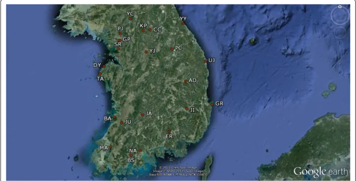 Figure 1 The geographical locations of the sampling sites in a map of the Republic of Korea (ROK).