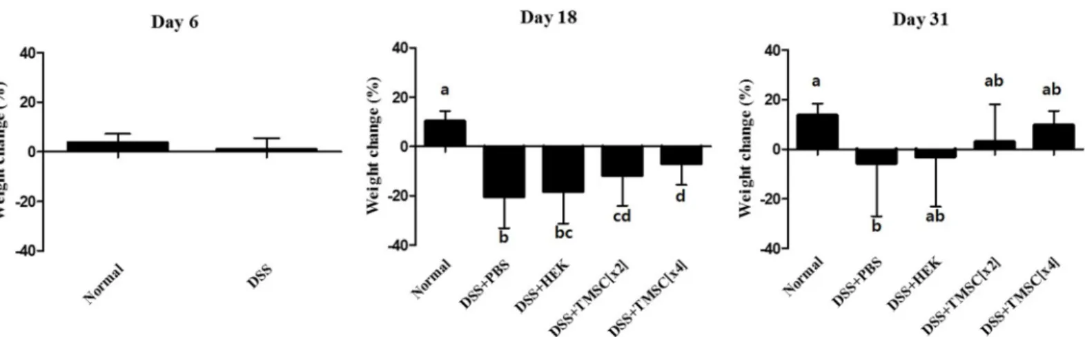 Fig 4. TMSC injection improves weight maintenance. Body weight was measured daily and expressed as body weight change (%) at days 0, 6, 18, and 31.