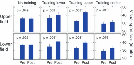 Figure 4 shows the visual span profiles of the 4 groups before and after training in the upper and lower fields