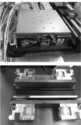 Fig. 1 Experimental magnetic bearing stagemm 의 간극을 유지하며 공중 부양하고, 주 이송방향은 장착된 리 니어 모터의 추력으로 이송한다
