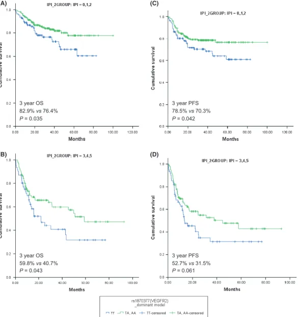 Fig. 2. Overall survival (OS) and progression-free survival (PFS) for VEGFR2 rs1870377 genotype according to International Prognostic Index (IPI) and revised IPI scores