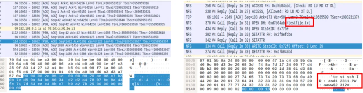 Fig. 10. Check the packet with WireShark. (Left - SCP, Right – NFS)서 압축파일을 실행하는 데에는 오히려 시간이 적게걸려서 총 마이그레이션 시간 대부분이 이전 엣지 클라우드에서 발생한다