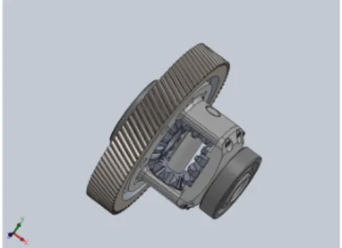Fig. 4 3D modeling of the Differential gear하고 있어 소량생산에 대응은 현실적으로 불가능하다. 이러한 현실에서 감속장치에 내장되는 차동장치에 대한 공급의 어려움을 개선하고, 제조품질을 확보하는 차원과 앞으로의 수요예상 등으로 저속차량의 총중량을 감안한 차동장치 개발의 시급성이 대두되고 있는 실정이다.그러다 보니 저속차량을 제작하는 업체는 구조적으로 안전한 차동장치의 공급이 어려운 실정이고, 또한 일부 제작을 한다하더라도 