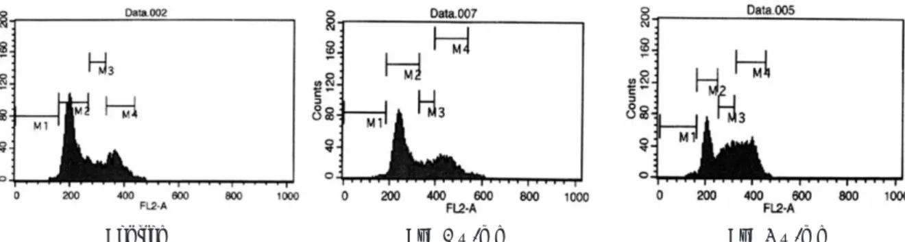 Fig. 6. Flow Cytometry (Taxol 1 ㎍/ml, Taxol 3 ㎍/ml, Taxol 5 ㎍/ml).