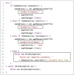 Fig. 3. AaptManager of ApkTool. Disabling throw statement in else block will enable ApkTool in Android environment.