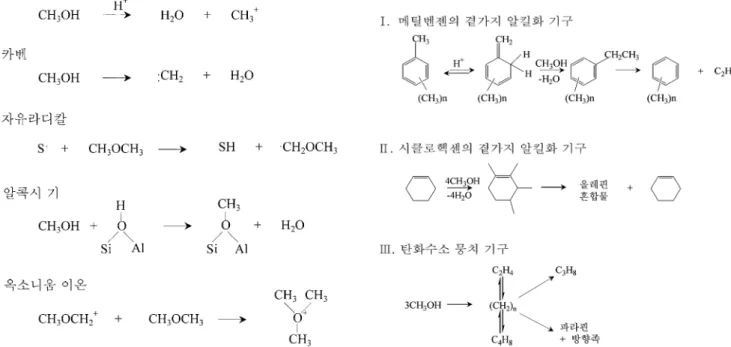 Fig. 4. Various intermediates supposed for the methanol conversion