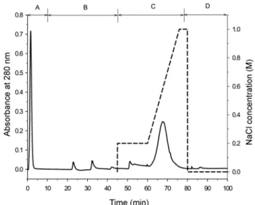 Fig. 16. Solid-phase refolding chromatogram using packed bed adsorp- adsorp-tion chromatography