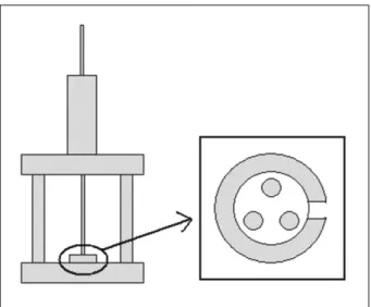 Figure 1. Measurement  assembly  for  measuring  biaxial flexural  strength.  The  assembly  had  a  specimen  support and  a  loading  steel  rod,  which  was  used  in  a  universal testing  machine