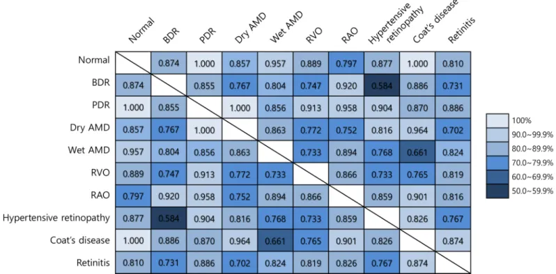 Fig 3. Binary discriminative accuracy between retinal diseases using transfer learning with random forest based on VGG-19 structure