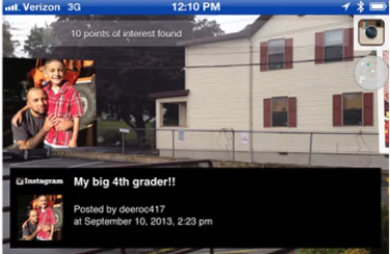 Figure 1. Example of Mobile Augmented Reality (Layar)건물에 대한 정보를 획득하는 데에는 많은 어려움이 있다.  예를 들면,  자신의 위치를 대표할 수 있는 키워드나 주변 건물이름 등과 같은 정보검색에 필요한 지식이 없을 경우 원하는 정보를 검색하기가 쉽지 않다[1,2]