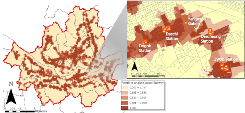 Figure 6. Result of Analysis about Subway 교 일대의 서비스 권역을 확대하였으며, Figure 6은  강남구 대치역 일대의 서비스 권역을 확대하였다