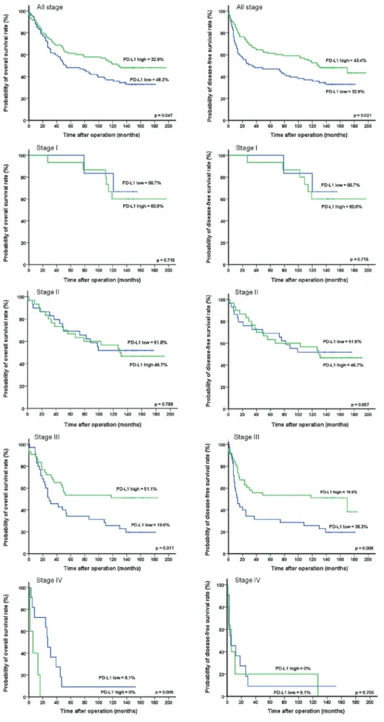 Figure 2. Ten‑year overall and disease‑free survival of patients with CRC according to PD‑L1 expression. The 10‑year OS and DFS rates were significantly  higher in the high PD‑L1 expression group than in the low PD‑L1 expression group and low PD‑L1 express