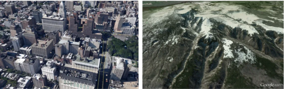 Figure 5. 3D building layer(left) and 3D terrain model(right) provided by Google Earth Maps에 활용되는 위성 영상은 대부분 15m의 해상도 를 가진 Landsat  영상으로 최근에는 2.5m  정도의 해상 도를 가진 SPOT  영상으로 교체하고 있다[16]