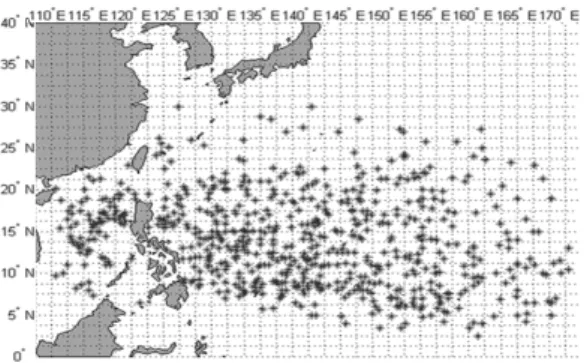 Figure 2. The black points show individual genesis  events over the period from 1982 to 2010