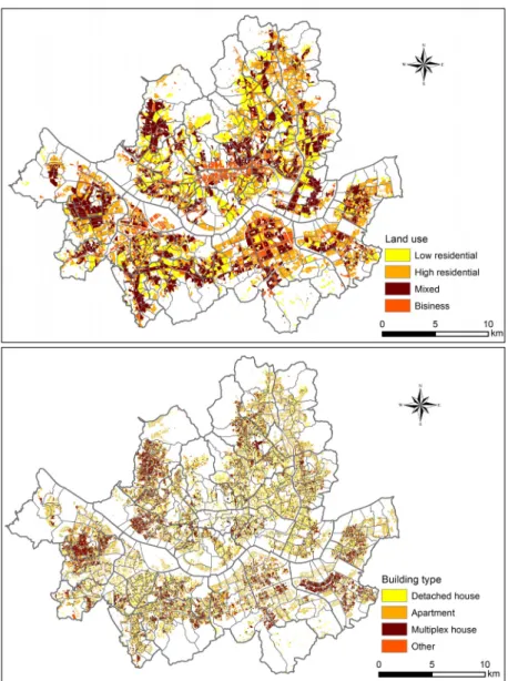 Figure 2. Land use (2010) (above) and building type (2012) (below) data for study area 구역의 잔차를 하위 구역에 배분하는 과정은 단순히  하위구역의 인구수를 소스구역의 인구 수와 맞도록  한다는 의미뿐만 아니라 각 하위구역의 추정 결과 자 체를  개선하는  중요한  과정이  됨을  알  수  있다