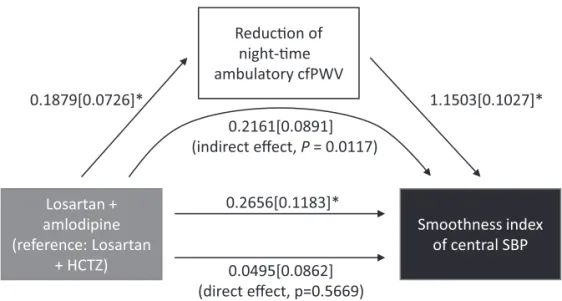 FIGURE 2 Path diagram showing full mediation of reduction of night-time carotid femoral pulse wave velocity regarding the relationship between different treatment groups and smoothness index of central SBP