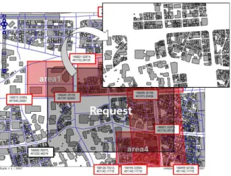 Figure  10.  Request  and  Response  Screen  of  Scenario Fig.  10과 같이 군 주둔 거점인 area1과 가옥 수가  100이 넘지 않는 area3,  area4의 교차 영역에 위치한  공간 객체는 반환되지 않았기 때문에 접근 제어가 제 대로  이루어짐을  확인할  수  있다