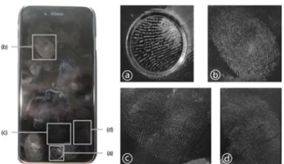 Fig. 1. Fingerprints smudges on iPhone 6 비해서  타인에  의한  유출  및  도용  가능성이  현저히 적다.  생체  인증  기술  중  하나인  지문  인증은  지문 인식 센서를 통해 입력받은 지문 영상 내에 존재하는 특징점(minutiae) 정보를 추출하고 이를 지문 템플릿(template)의 특징점과 정합(matching)을 수행함으로써  사용자를  인증한다[1]