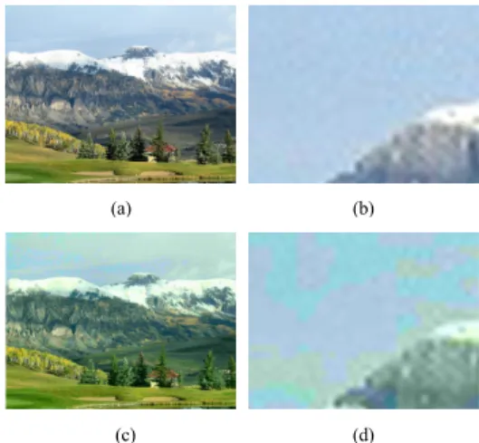 Fig. 5. Original and 6:4:4 down scaled images (a) Original (b) Original Zoom (c) 6:4:4 Down Scale  (d) 6:4:4 Down Scale Zoom
