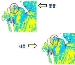 [그림  5]  재현기간  100년에  해당하는  태풍  동반  극한  풍속(m/s)  [17] [그림  6]  지형에  의한  풍속  변화  [14] [그림  7]  풍향에  따른  풍속의  지형  할증  변화 [그림  8]  풍향에  따른  풍속의  지표  거칠기  변화 [그림  9]  지리정보시스템을  이용한  태풍  동반  강풍  위험 요소  산정  결과 재현기간 100년에 해당하는 극한풍속의 분포[17]이다