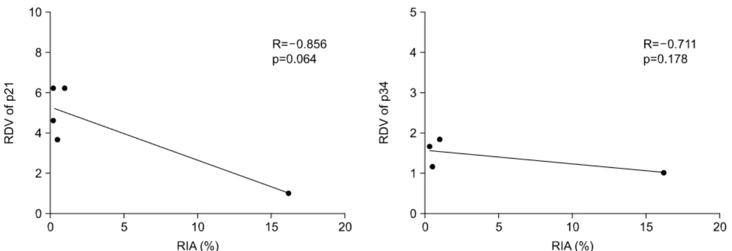 Fig.  6.  Relationship  between  radiation  induced  apoptosis  (RIA)  and  constitutive  expression  levels  of  p21 WAF1/CIP1   and  p34  proteins  shown  as  relative  densitometric  values  (RDV)  in  syngeneic  murine  tumors