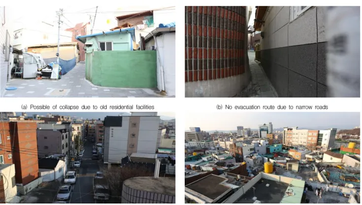Figure 4는 UAV 비행촬영 영역과 UAV가 이륙·착륙 하는 장소이다. 비산 4동과 내당 2, 3동 중 시설물의 노후 화가 극심하고 기타 여러 문제점을 지니고 있는 지역일대를  비행촬영 영역으로 설정하였다