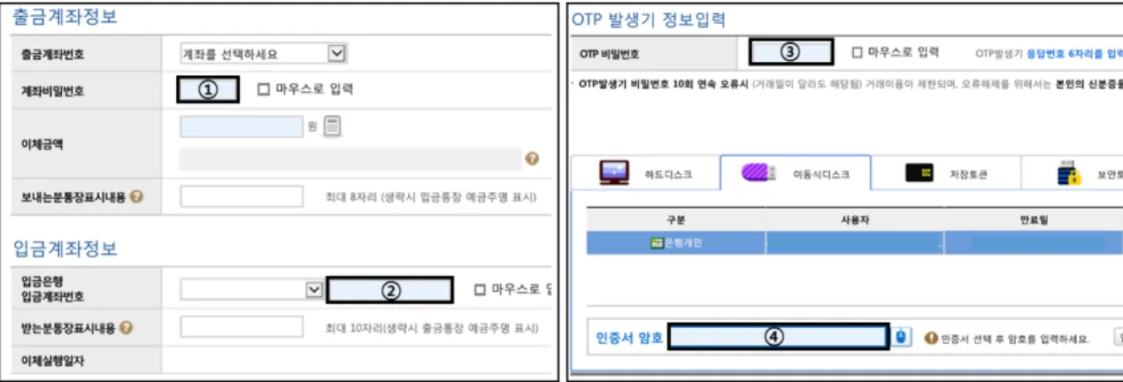 Fig. 8. Information input stage (Left) and Information confirm stage in ○○○ bank (Right)번째로 전송받은 ‘스니핑 데이터 2’에  포함된 ②, ③ 로그인 정보를 쉽게 획득 할 수 있음을 알 수 있다