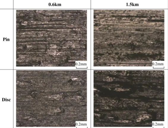 Fig. 5. Optical micrograph on worn surface of pin and disc tested at 1 m/s after mild wear test up to 0.6 km and  1.5 km at the sliding speed of 0.3 m/s.