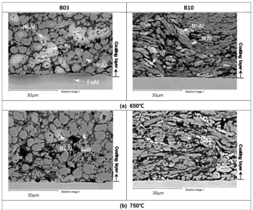 Fig. 6. SEM images of B03 and B10 coating layer reacted for 1 minute layer by different temperature.