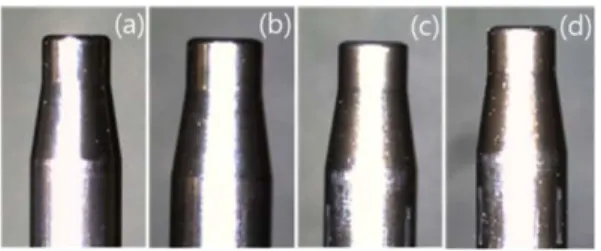 Fig. 7. Microscopic image of top of rod: (a) before experiment, (b) 1,000k cycles, (c) 5,000k cycles, (d) 10,000k cycles.