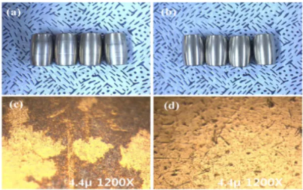 Fig. 4. Inner raceway surface photography and micros- micros-tructure of the used (a, d), polished (b, e) and  UNSM-treated (c, f) spherical roller bearings