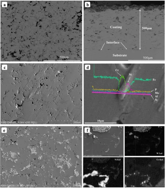 Fig. 2. BSE or SEM images of top and cross-sectional surface of (a-b) BAC1, (c-d) BAC2 and (e) BAC3 with (f) EDS analysis.