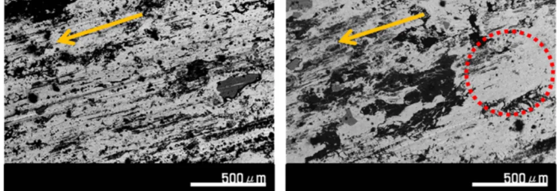 Fig. 9. SEM micrographs of transfer film on surface of the brake pads (left: (a), right: (b)).