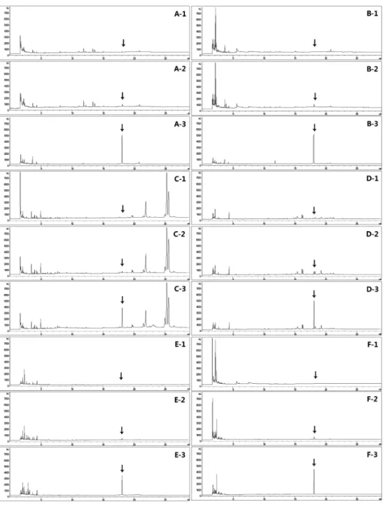 Fig. 3. Chromatograms of pepper A-1; control, A-2; at 0.02 mg/kg, A-3; 0.2 mg/kg, sweet pepper B-1; control, B-2; at 0.02 mg/kg, B-3; 0.2 mg/kg, mandarin C-1; control, C-2; at 0.02 mg/kg C-3; 0.2 mg/kg hulled rice D-1; control, D-2; at 0.02 mg/kg D-3; 0.2 