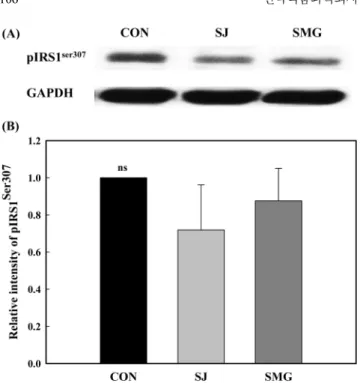 Fig. 7. Western blotting (A) and relative density (B) of pIRS1 ser307 in skeletal muscle of rats fed diets containing halophytes for 18 weeks